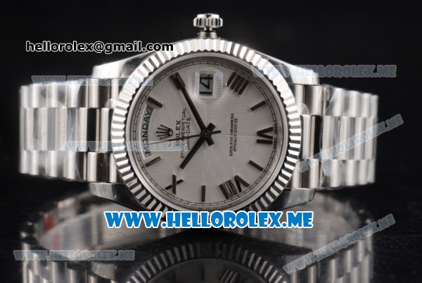 Rolex Day-Date Clone Rolex 3255 Automatic Stainless Steel Case/Bracelet with White Dial and Roman Numeral Markers - Click Image to Close